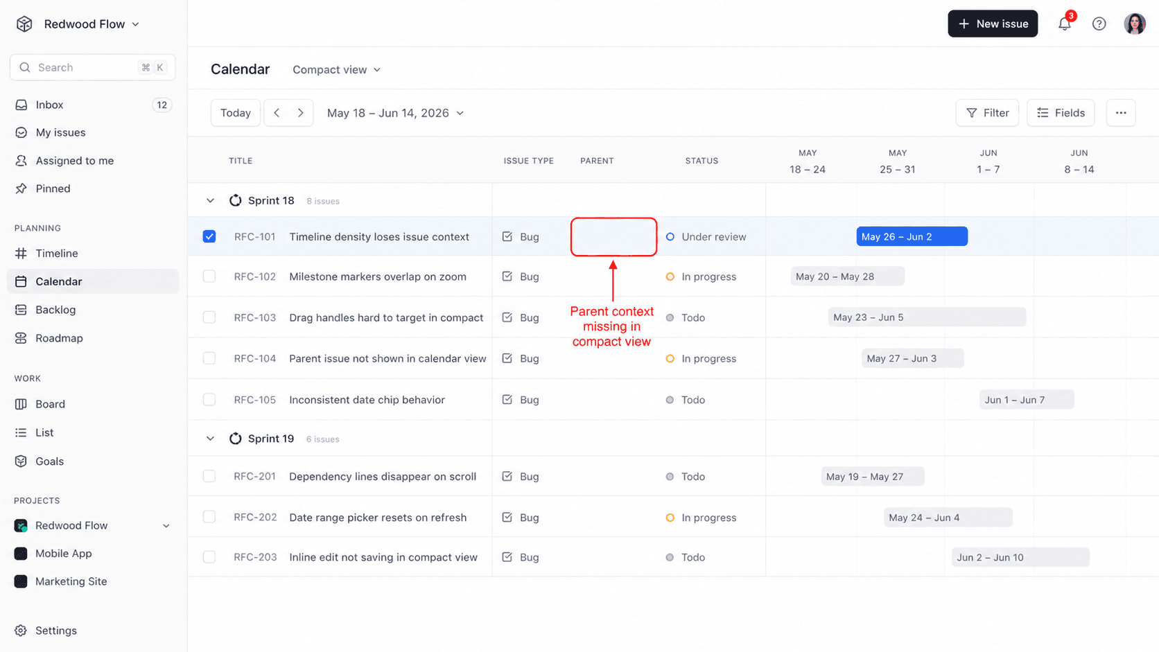 Calendar UI screenshot showing missing parent context in compact calendar view