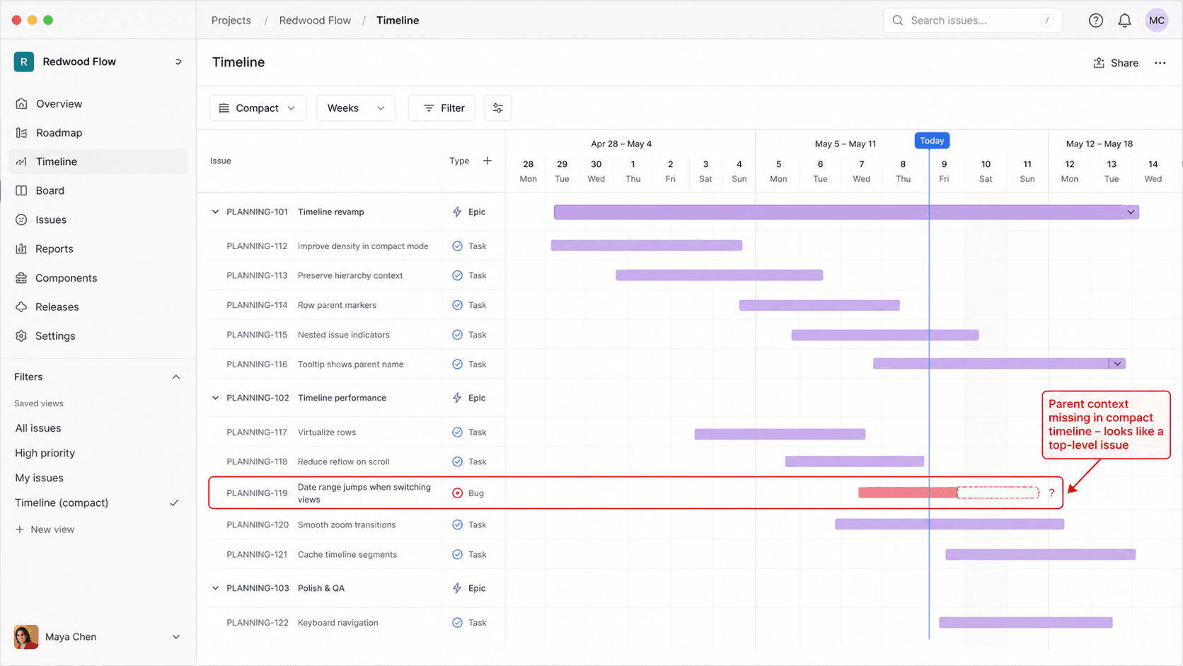 Timeline UI screenshot showing missing parent context in compact timeline view